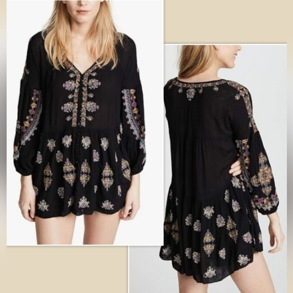 Free People Dresses & Skirts - Free People Arianna Embroidered Tunic Boho Tunic Top Mini Dress Oversized XS S M